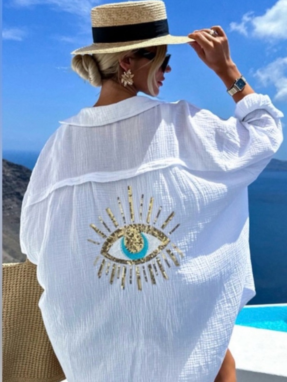 White Beach Cover-Up With Embroidered Eye design 100% Cotton Size Medium